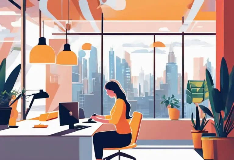 A woman working on a laptop in a vibrant co-working space with urban skyline views.