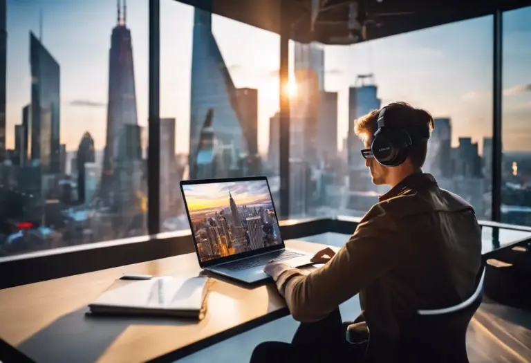 A person working in a modern and minimalist workspace with a vibrant city skyline on the laptop screen.