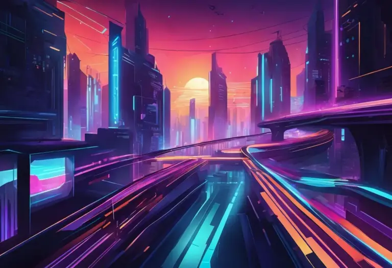 A futuristic city with neon lights, flying vehicles, and advanced technology.