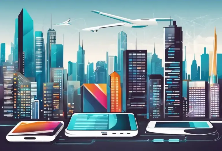 The image features a smartphone and tablet with modern tech gadgets against an urban city skyline.