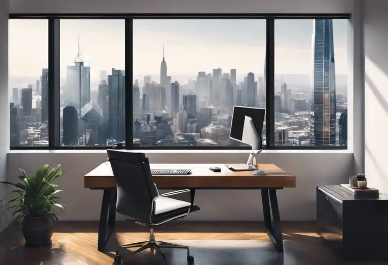 A professional working at a modern desk with cityscape view.