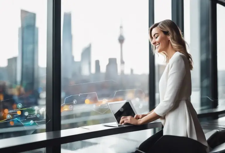 A woman happily using a modern website interface with cityscape reflection.